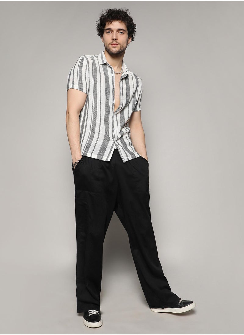 Men's White & Grey Unbalanced Striped Woven Shirt