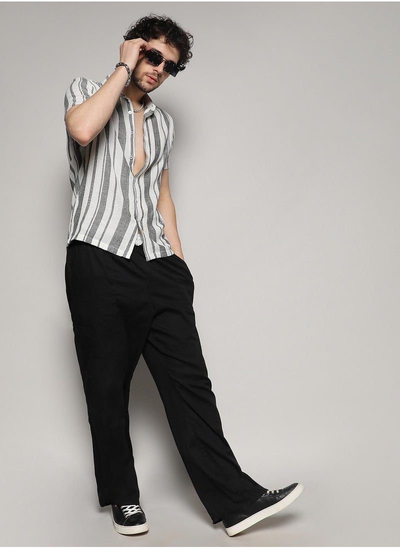Men's White & Grey Unbalanced Striped Woven Shirt