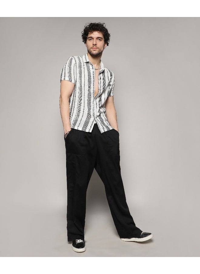 Men's White & Grey Unbalanced Striped Woven Shirt