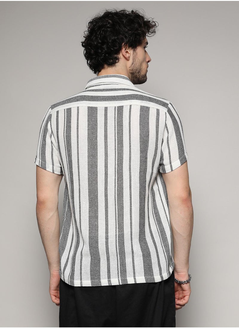 Men's White & Grey Unbalanced Striped Woven Shirt