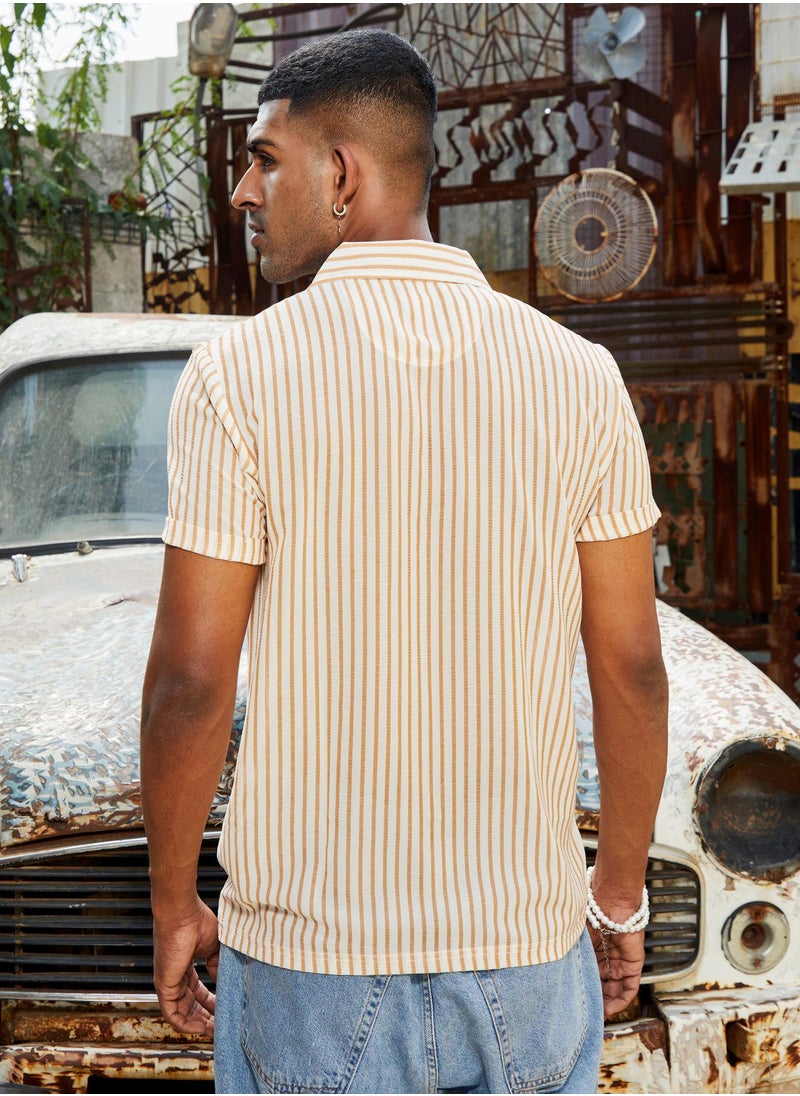Men's White & Brown Unbalanced Striped Shirt