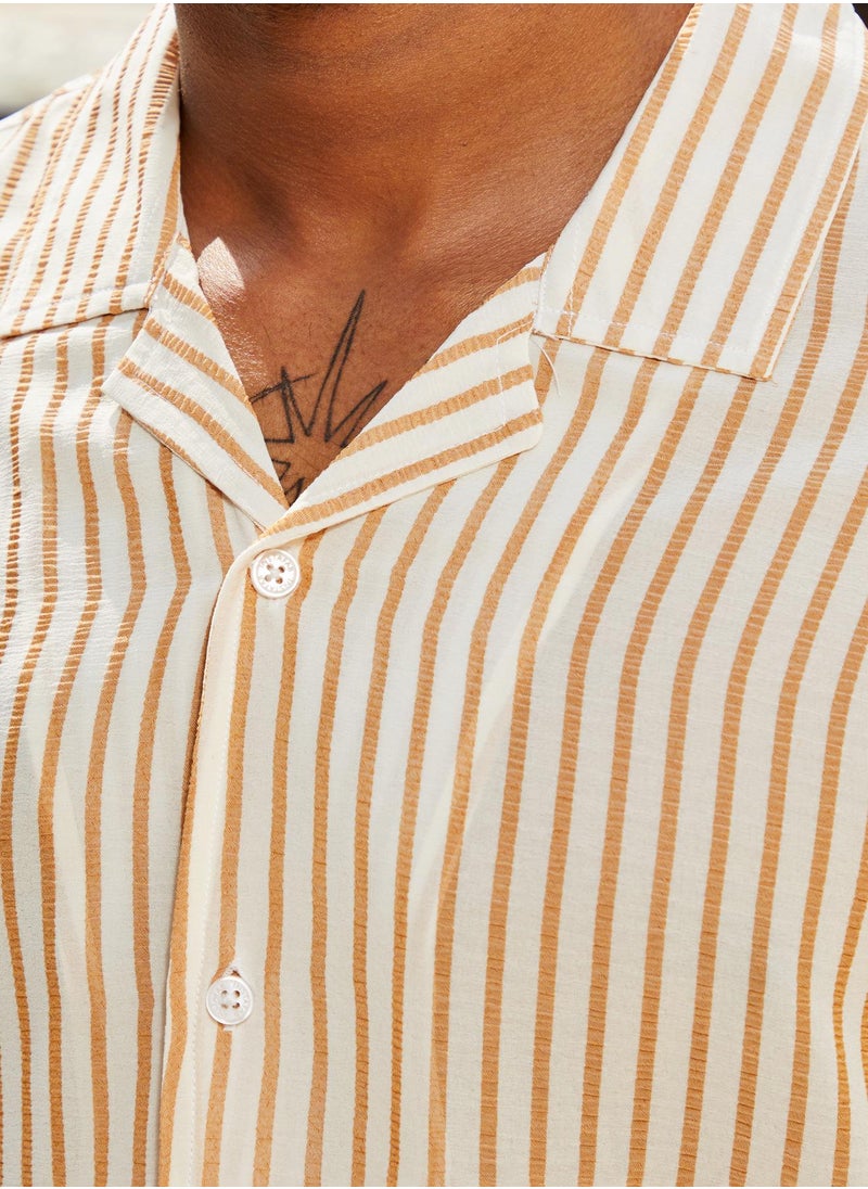 Men's White & Brown Unbalanced Striped Shirt