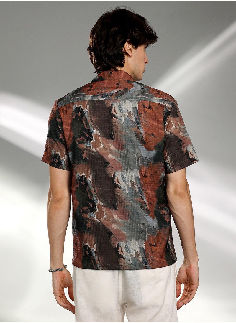 Men's Chocolate Brown & Midnight Black Abstract Utility Oversized Shirt
