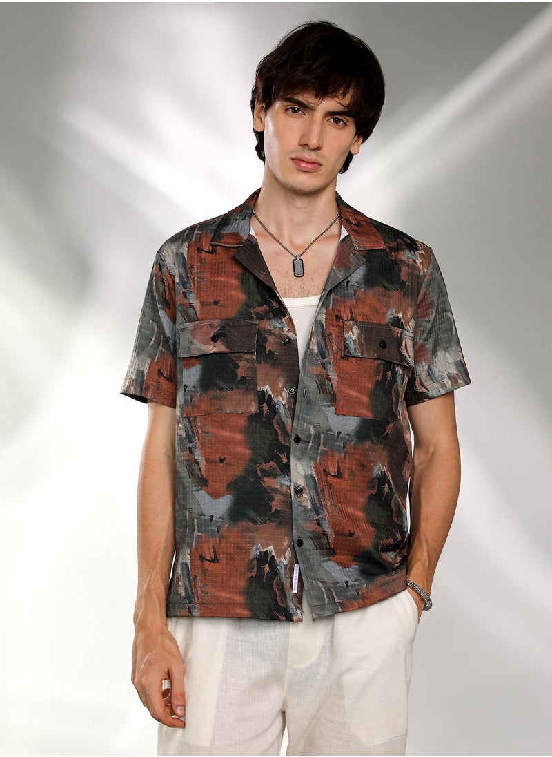 Men's Chocolate Brown & Midnight Black Abstract Utility Oversized Shirt
