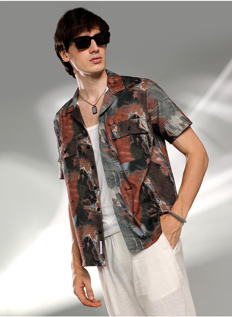Men's Chocolate Brown & Midnight Black Abstract Utility Oversized Shirt