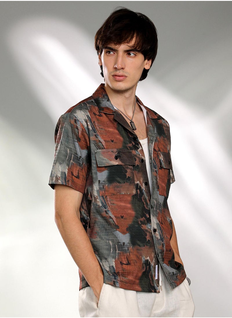 Men's Chocolate Brown & Midnight Black Abstract Utility Oversized Shirt