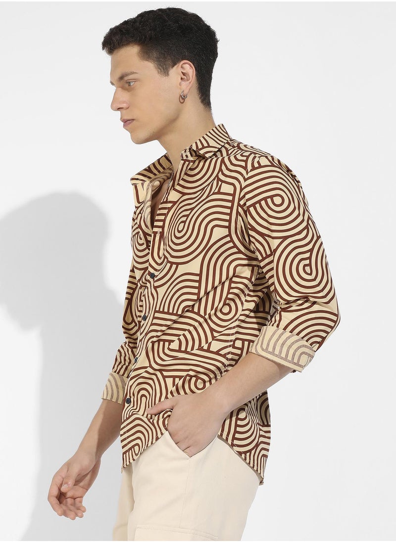 Men's Beige & Brown Contrast Lines Shirt