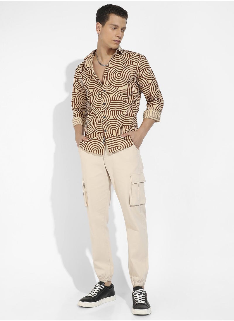Men's Beige & Brown Contrast Lines Shirt