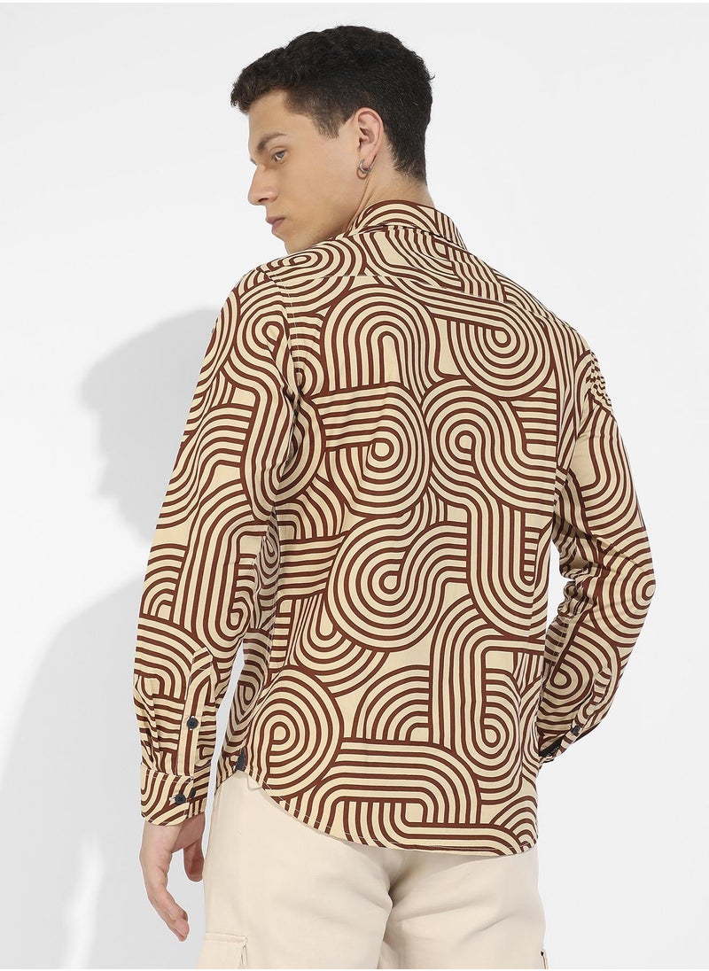 Men's Beige & Brown Contrast Lines Shirt