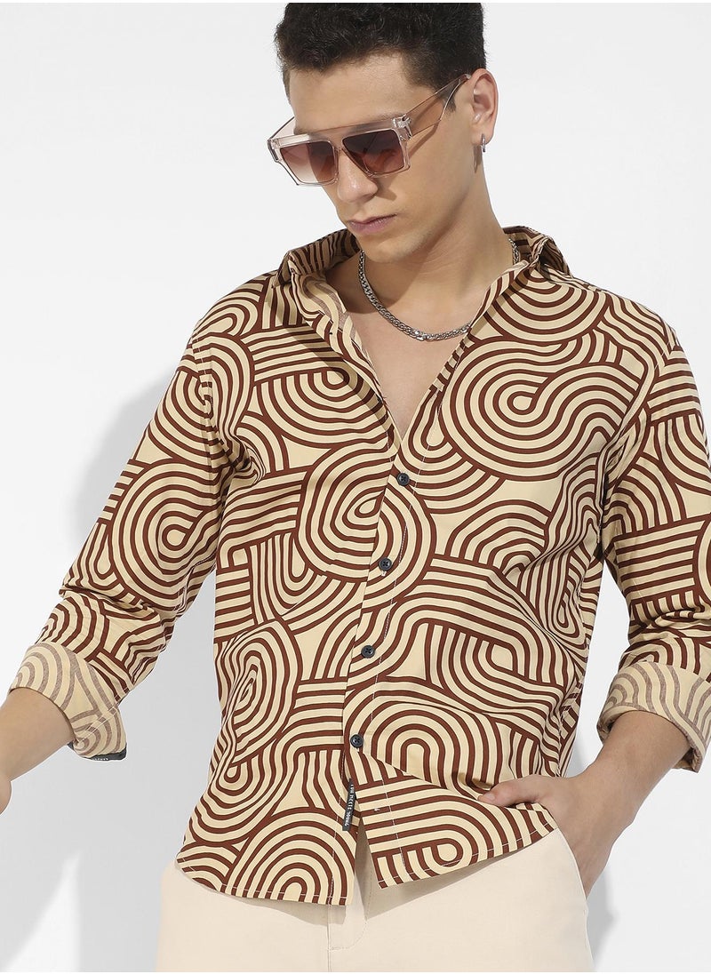 Men's Beige & Brown Contrast Lines Shirt