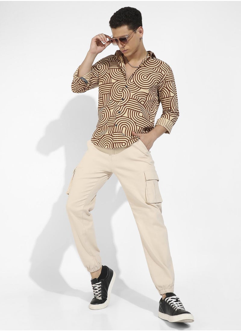 Men's Beige & Brown Contrast Lines Shirt