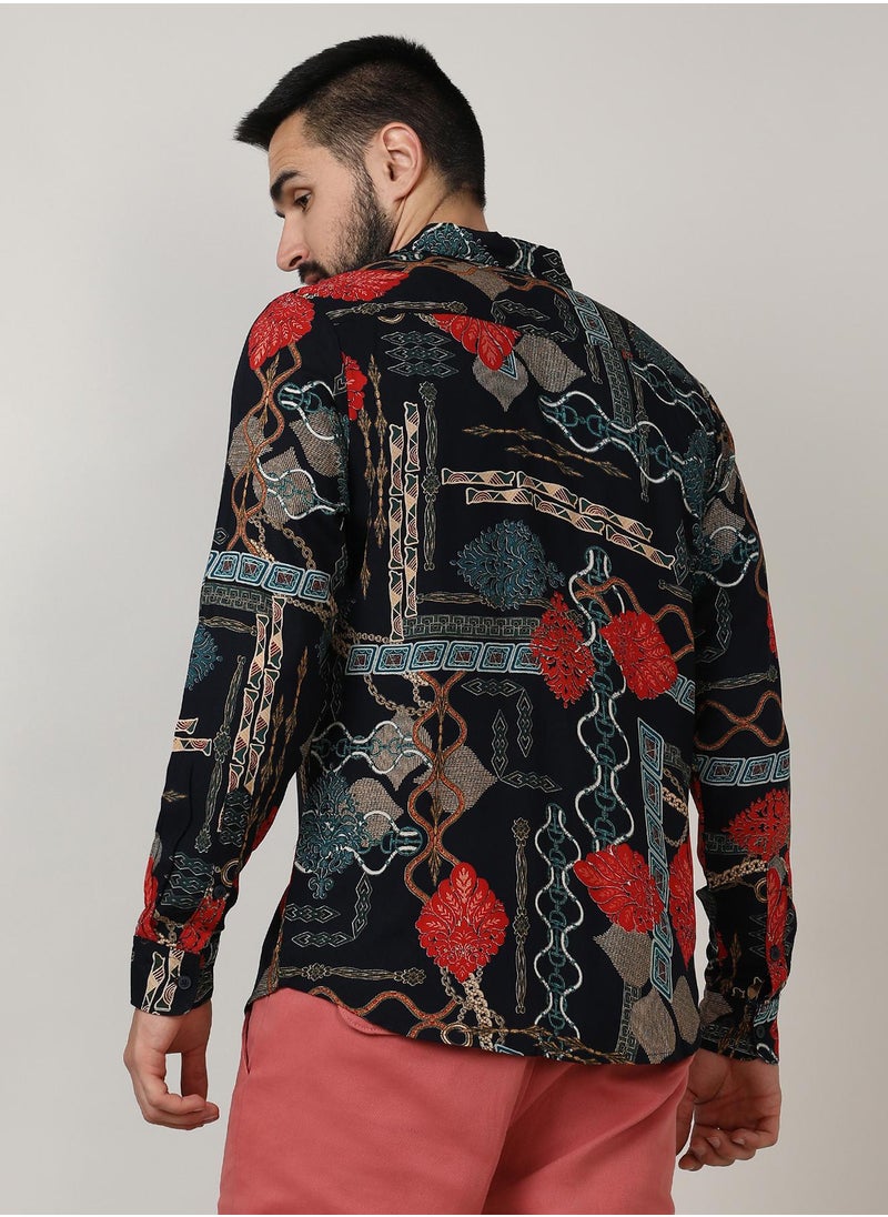 Men's Crimson Red & Teal Green Artistic Block Shirt