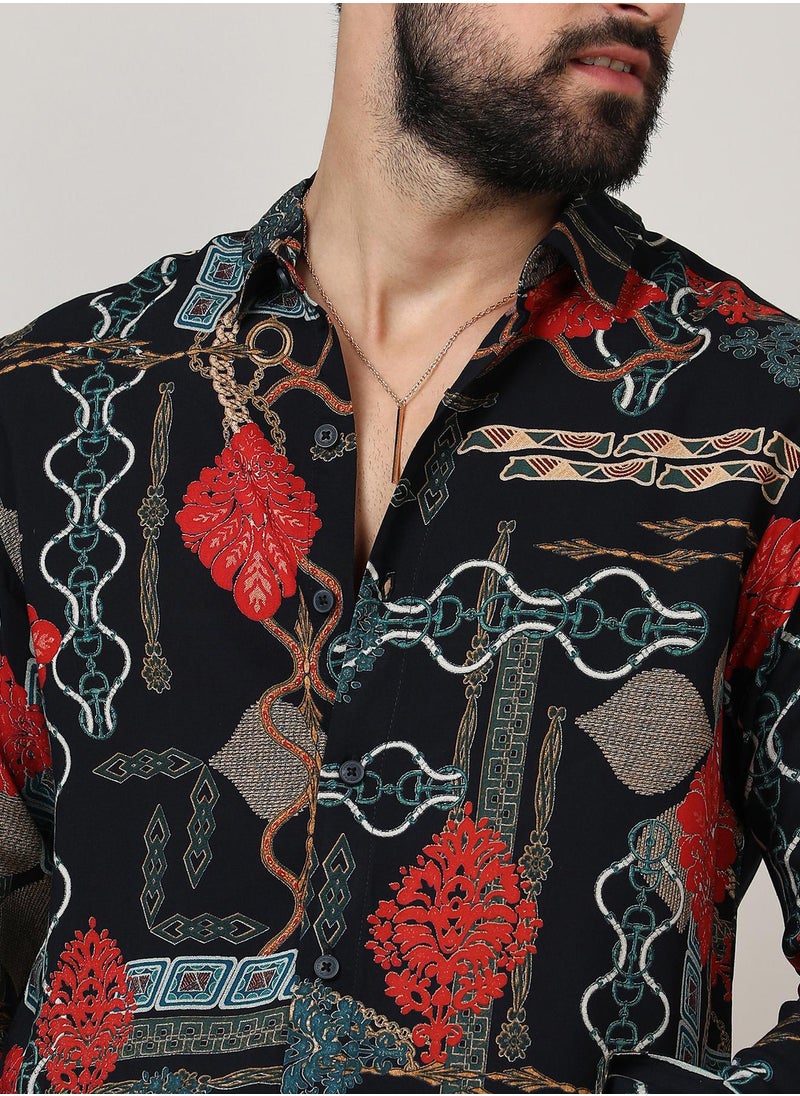 Men's Crimson Red & Teal Green Artistic Block Shirt