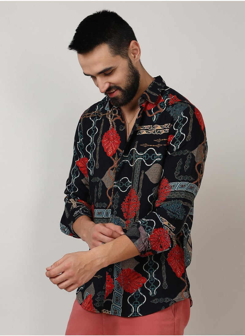Men's Crimson Red & Teal Green Artistic Block Shirt
