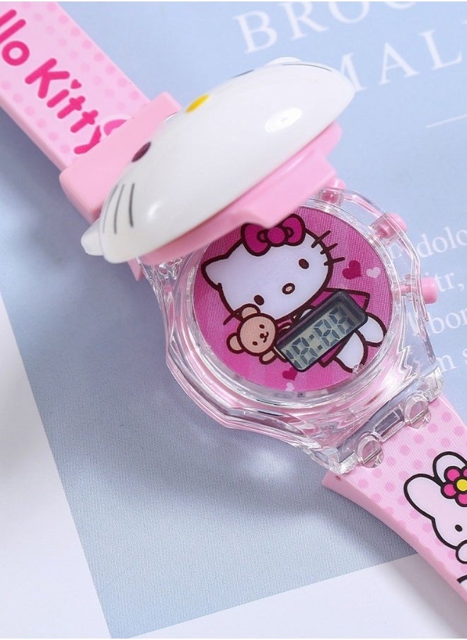 Hello Kitty Cartoon Children's Watch, Children's Watch Toy with Light Effect, Kids Electronic Watch with Music, Flip-top Cartoon Watch for Kids