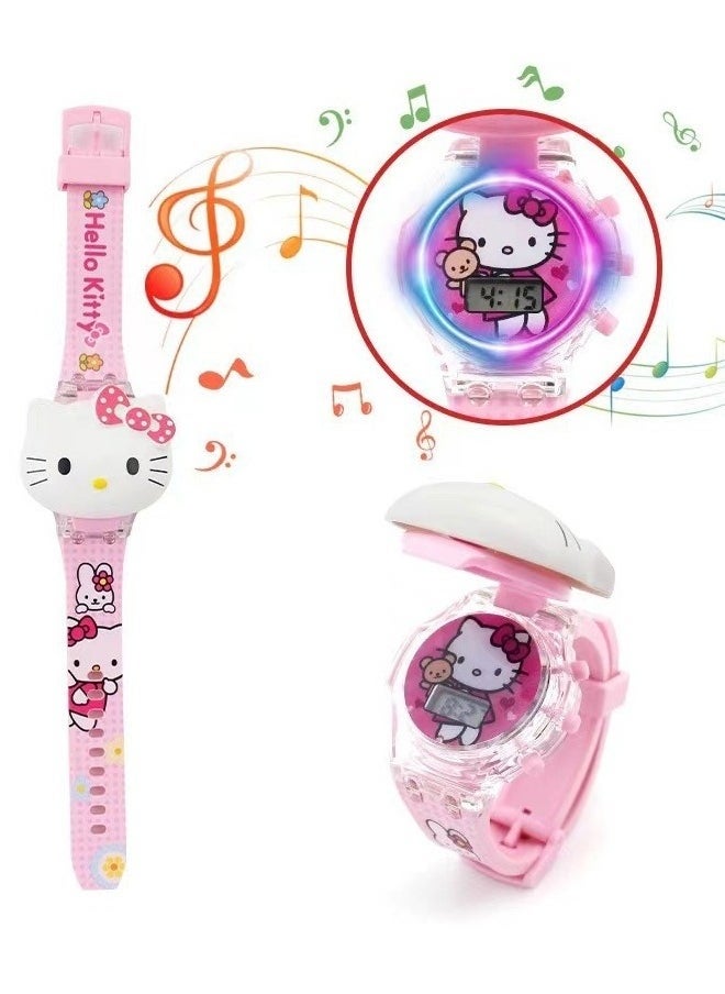 Hello Kitty Cartoon Children's Watch, Children's Watch Toy with Light Effect, Kids Electronic Watch with Music, Flip-top Cartoon Watch for Kids