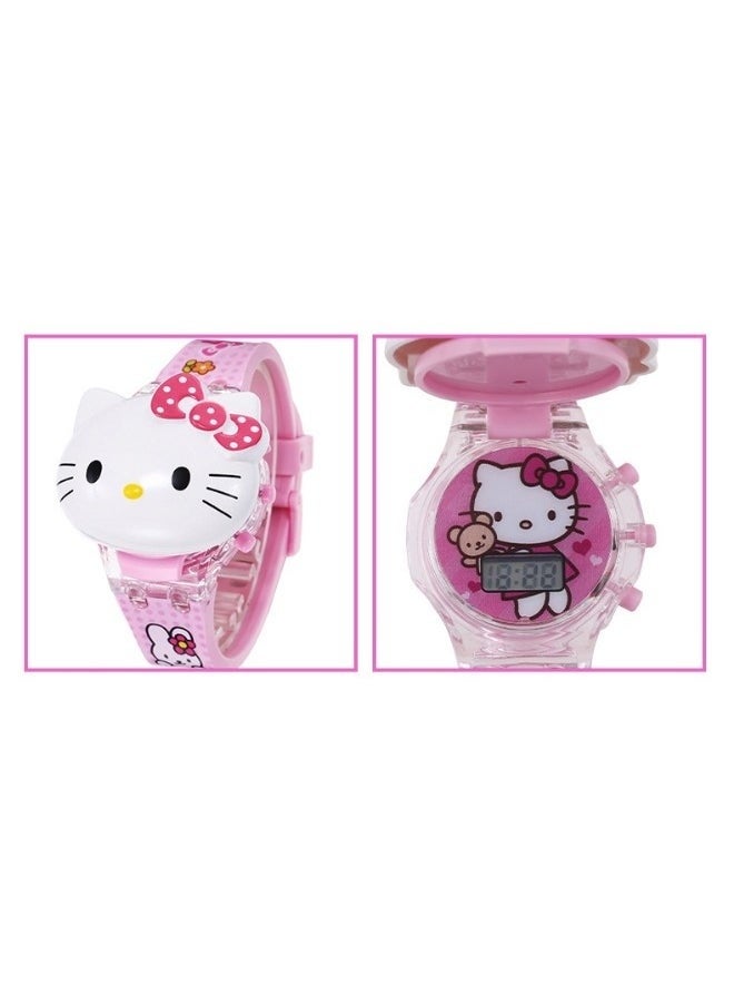 Hello Kitty Cartoon Children's Watch, Children's Watch Toy with Light Effect, Kids Electronic Watch with Music, Flip-top Cartoon Watch for Kids