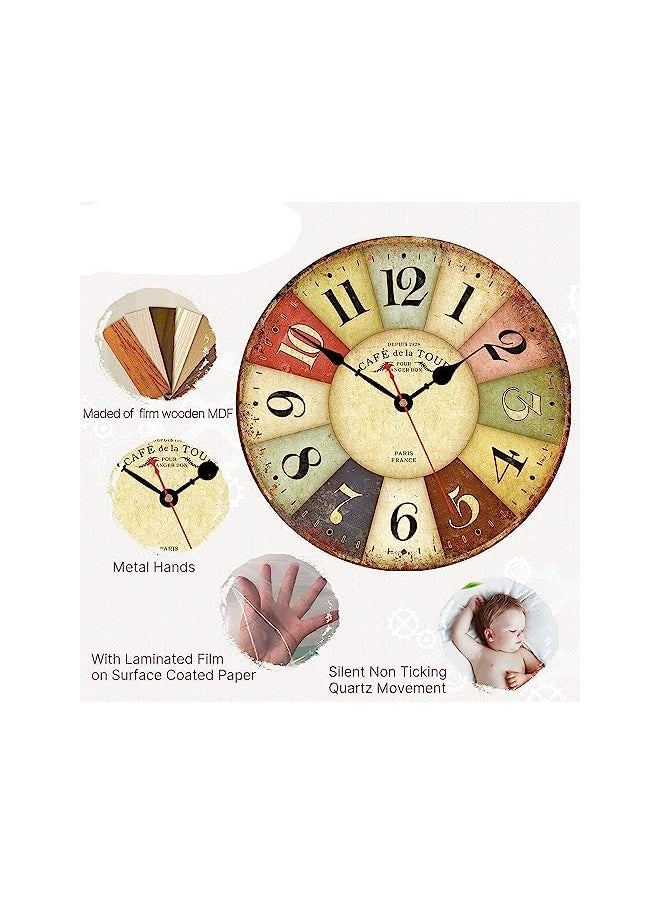 Wooden Wall Clocks, Vintage Farmhouse Wall Decor Clock, Colorful Battery Operated Large Cool Paris Wall Clock, Round Silent Non-ticking Vintage Wall Clock for Living Room Bedroom