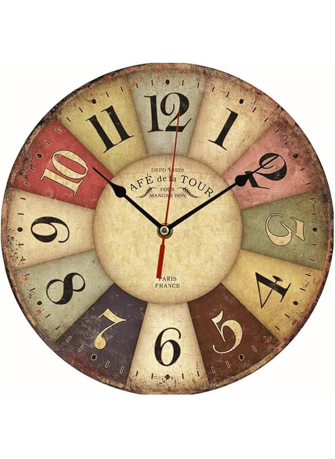 Wooden Wall Clocks, Vintage Farmhouse Wall Decor Clock, Colorful Battery Operated Large Cool Paris Wall Clock, Round Silent Non-ticking Vintage Wall Clock for Living Room Bedroom