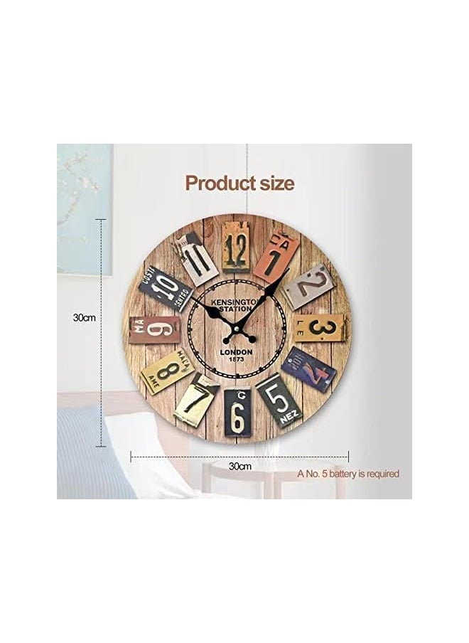 Round Wall Clock 14 Inch Large Numbers Wooden Wall Clocks Battery Operated,Retro Rustic Style Decorative for Living Room Kitchen Home Bathroom Bedroom