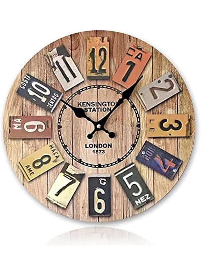 Round Wall Clock 14 Inch Large Numbers Wooden Wall Clocks Battery Operated,Retro Rustic Style Decorative for Living Room Kitchen Home Bathroom Bedroom