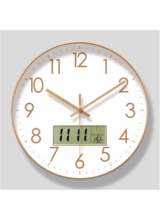Modern Round Plastic Frame Battery Powered Silent Non-Tick Wall Clock with Calendar for Kitchen Bedroom Home Office Living Room Wall Decor, 12 Inch, Gold