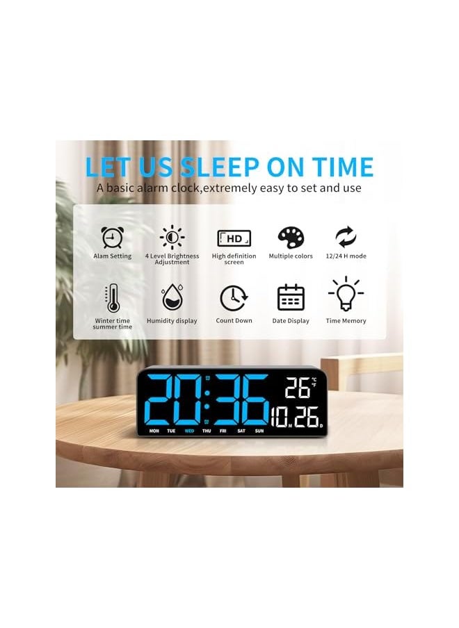 Digital Wall Clock, 9.6” LED Large Digital Alarm Clock with Remote Control, 3 Inch Font, Desk Modern Electric Wall Clock for Living Room Bedroom Garage Decor Teens Elderly (BLACK-Blue)