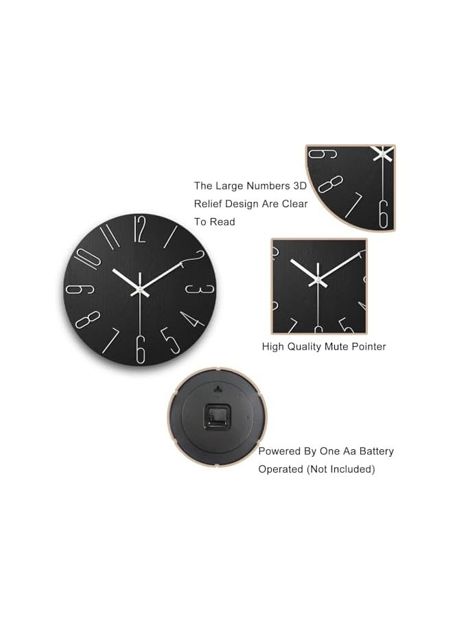 Wall Clock, 12 Inch Silent Non-Ticking, Simple Wooden Decorative Clock, Modern Style Wall Clocks Battery Operated for Bathroom, Office, Bedroom, Home, Kitchen and Living Room (Black)