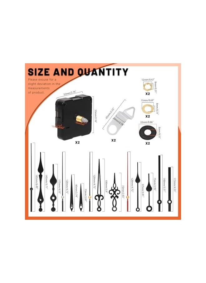 2 Sets Clock Movement Mechanism, Silent Quartz DIY Wall Clock Mechanism 16mm/0.63” Shaft with 5 Different Clock Hands Repair Parts Replacement
