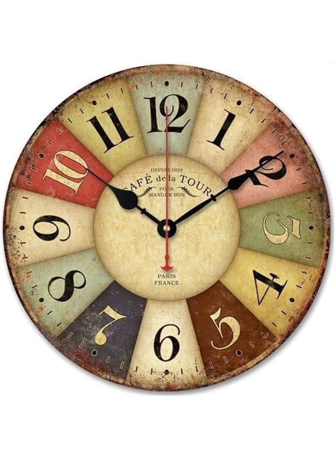 12 Inch Retro Wooden Wall Clock Farmhouse Decor, Silent Non Ticking Wall Clocks Large Decorative - Battery Operated - Antique Vintage Rustic Colorful Tuscan Country Style - Paris