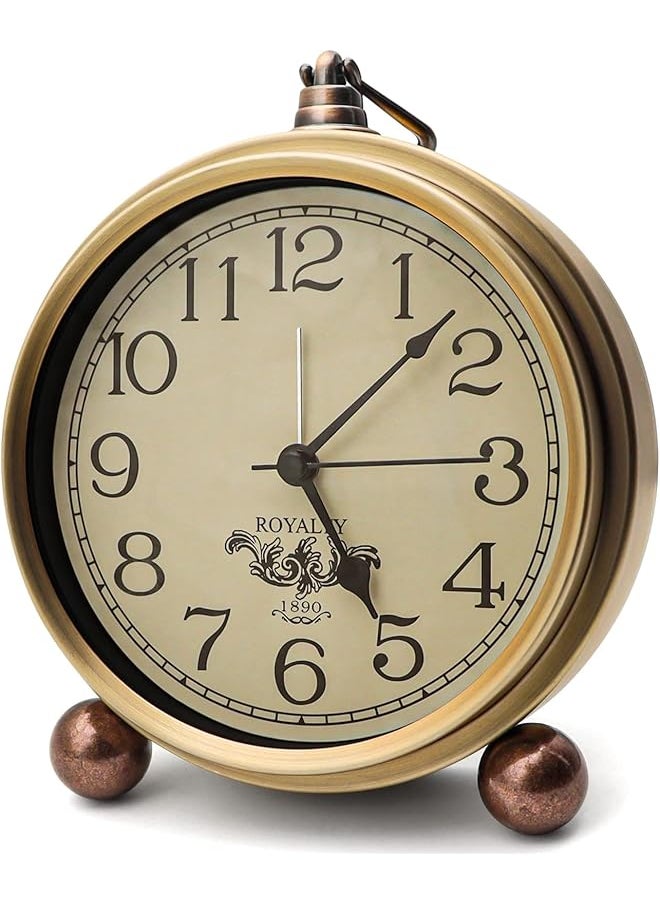 Metal Golden Table Clock, Retro Vintage Non-Ticking Small Alarm Clock,Battery Operated Silent Quartz Movement HD Glass Desk Clock for Bedroom Living Room Indoor Decoration Kids (Arabic)