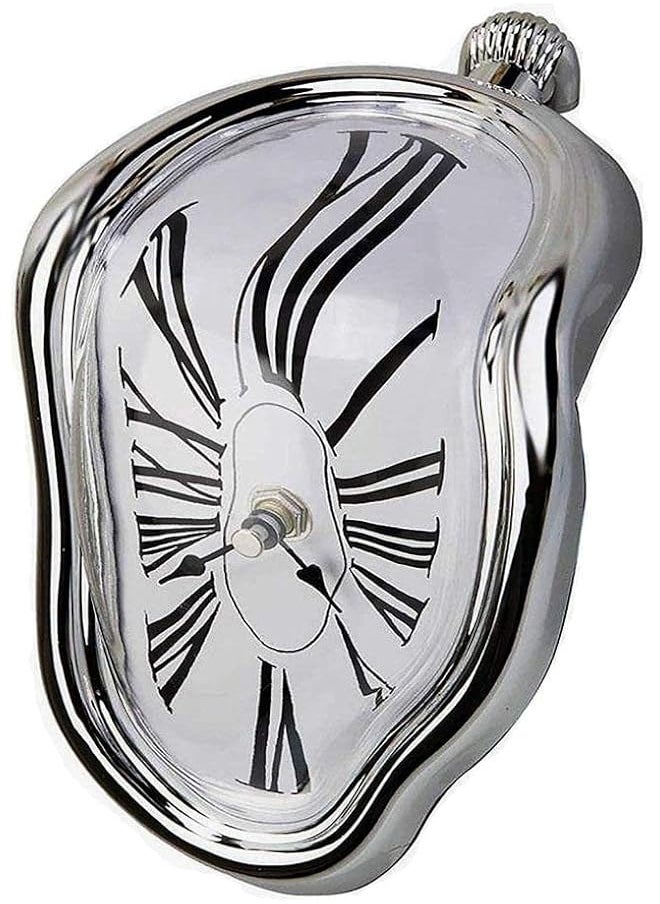 Melting Clock,Salvador Dali Watch Melted Clock for Home Office Decoration,Wall Clock Table Shelf Desk Decorative Clock,Fashion Melted Clocks Roman Clock,Funny Room Decor Creative Gift-Silver