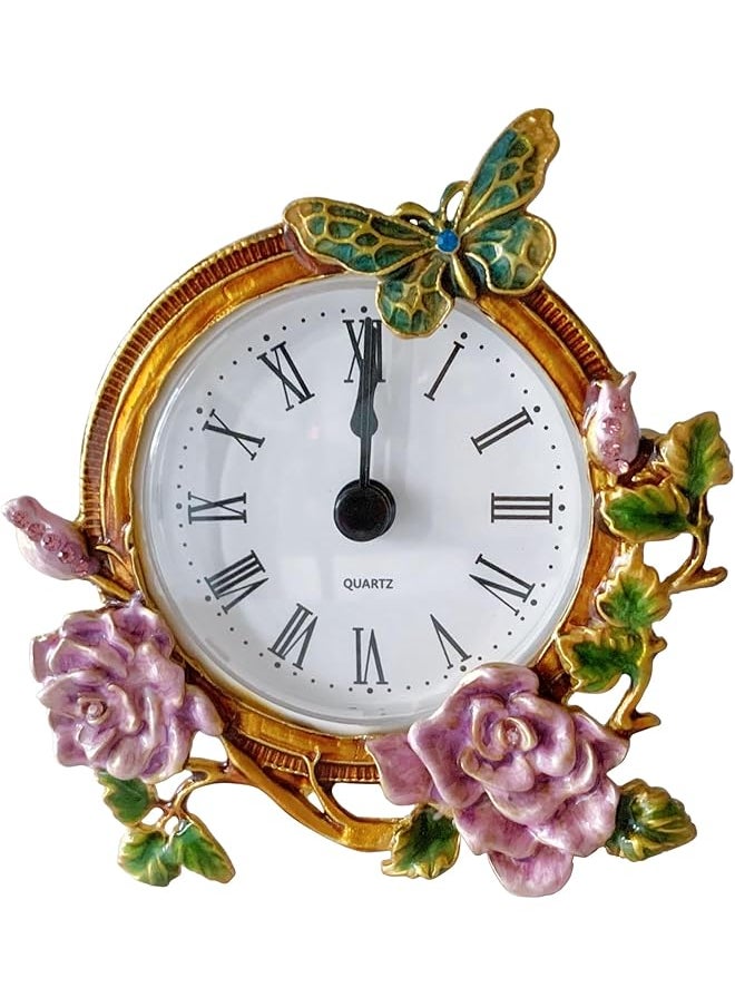 Vintage Mini Analog Table Clock, Silent Small Table Clock with Hand-Painted Metal Body and Battery Operated Non-Ticking Clock Core for Shelf, Bedroom, Bedside, Desk, Gift Clock