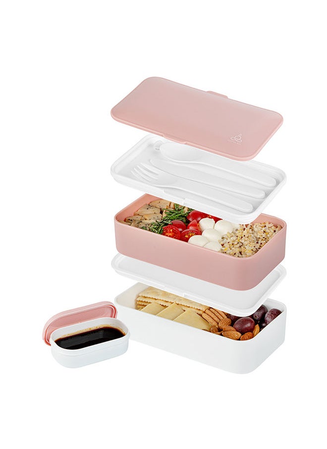 Restaurantware-Bento Tek 40.5 Ounces Stackable Lunch Box, 1 Reusable Adult Lunch Container - With Utensils, Included Sauce Cup, Pink & White Plastic Layered Lunch Box, Microwavable, Dishwashable