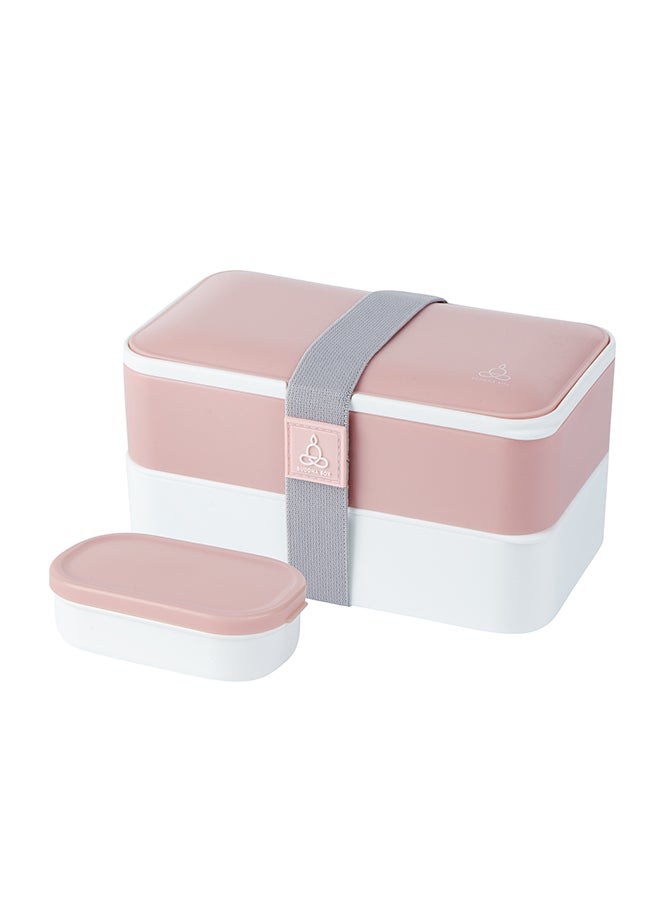 Restaurantware-Bento Tek 40.5 Ounces Stackable Lunch Box, 1 Reusable Adult Lunch Container - With Utensils, Included Sauce Cup, Pink & White Plastic Layered Lunch Box, Microwavable, Dishwashable