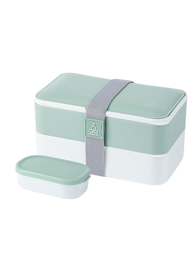 Restaurantware-Bento Tek 40.5 Ounces Stackable Lunch Box, 1 Reusable Adult Lunch Container - With Utensils, Included Sauce Cup, Green & White Plastic Layered Lunch Box, Microwavable, Dishwashable