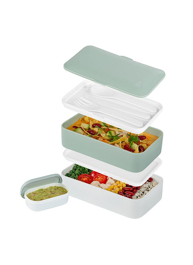 Restaurantware-Bento Tek 40.5 Ounces Stackable Lunch Box, 1 Reusable Adult Lunch Container - With Utensils, Included Sauce Cup, Green & White Plastic Layered Lunch Box, Microwavable, Dishwashable