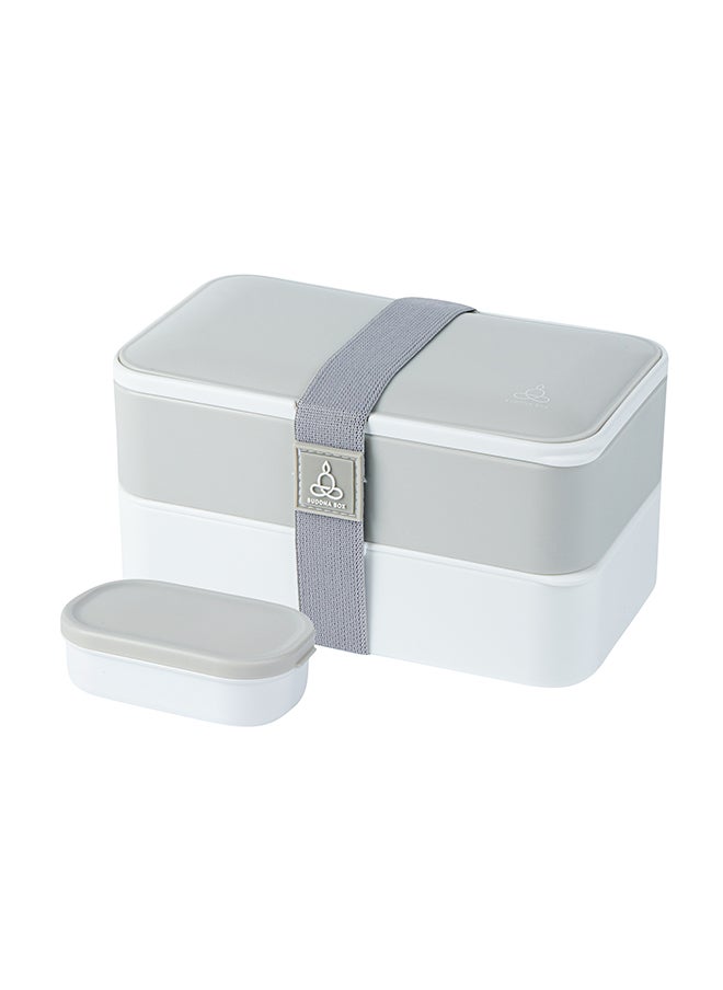 Restaurantware-Bento Tek 40.5 Ounces Stackable Lunch Box, 1 Reusable Adult Lunch Container - With Utensils, Included Sauce Cup, Gray & White Plastic Layered Lunch Box, Microwavable, Dishwashable