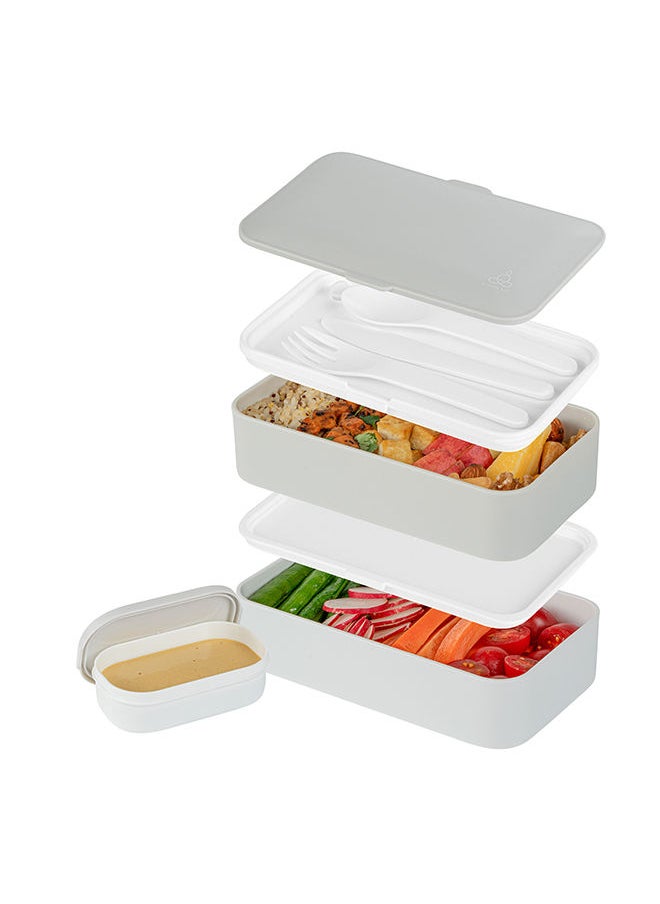 Restaurantware-Bento Tek 40.5 Ounces Stackable Lunch Box, 1 Reusable Adult Lunch Container - With Utensils, Included Sauce Cup, Gray & White Plastic Layered Lunch Box, Microwavable, Dishwashable