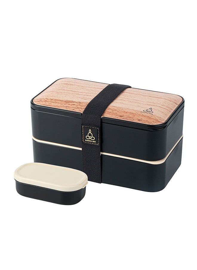 Restaurantware-Bento Tek 40.5 Ounces Stackable Lunch Box, 1 Reusable Adult Lunch Container - With Utensils, Sauce Cup, Wood Grain & Black Plastic Layered Lunch Box, Microwavable, Dishwashable