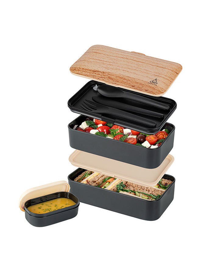 Restaurantware-Bento Tek 40.5 Ounces Stackable Lunch Box, 1 Reusable Adult Lunch Container - With Utensils, Sauce Cup, Wood Grain & Black Plastic Layered Lunch Box, Microwavable, Dishwashable
