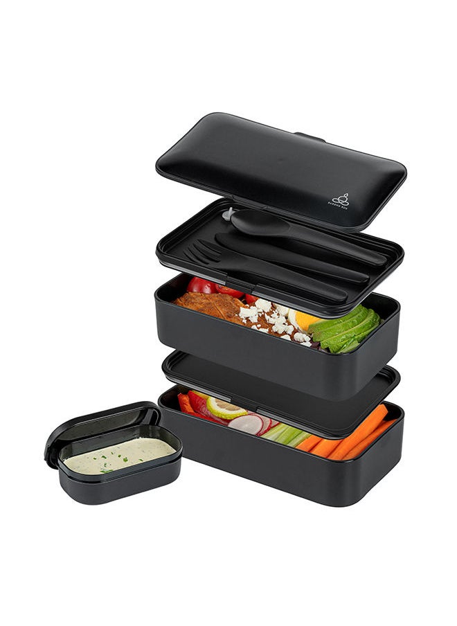 Restaurantware-Bento Tek 40.5 Ounces Stackable Lunch Box, 1 Reusable Adult Lunch Container - With Utensils, Included Sauce Cup, Black Plastic Layered Lunch Box, Microwavable, Dishwashable