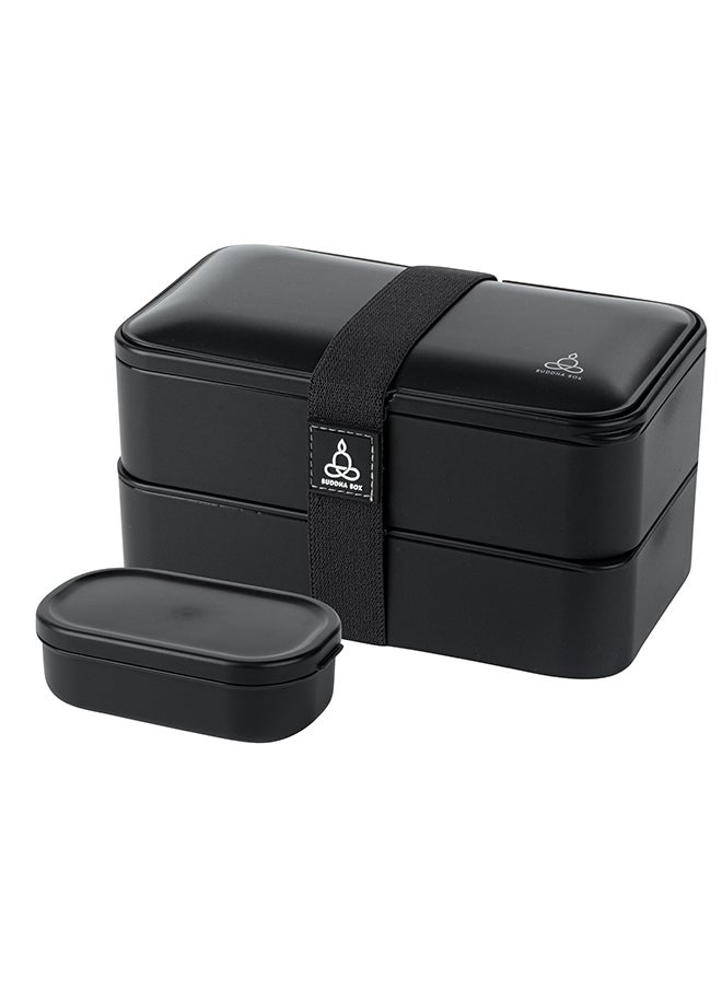 Restaurantware-Bento Tek 40.5 Ounces Stackable Lunch Box, 1 Reusable Adult Lunch Container - With Utensils, Included Sauce Cup, Black Plastic Layered Lunch Box, Microwavable, Dishwashable