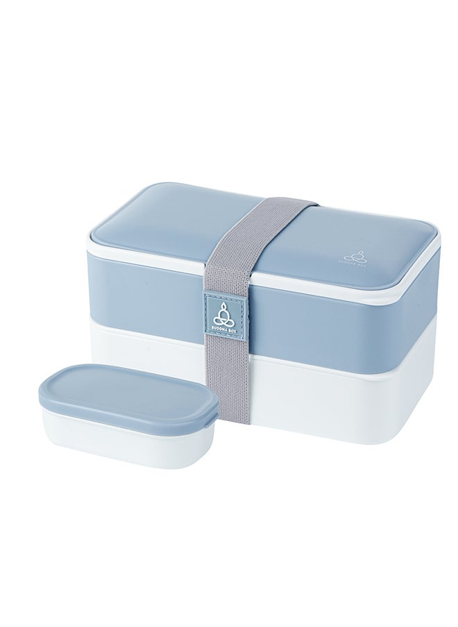 Restaurantware-Bento Tek 40.5 Ounces Stackable Lunch Box, 1 Reusable Adult Lunch Container - With Utensils, Included Sauce Cup, Blue & White Plastic Layered Lunch Box, Microwavable, Dishwashable