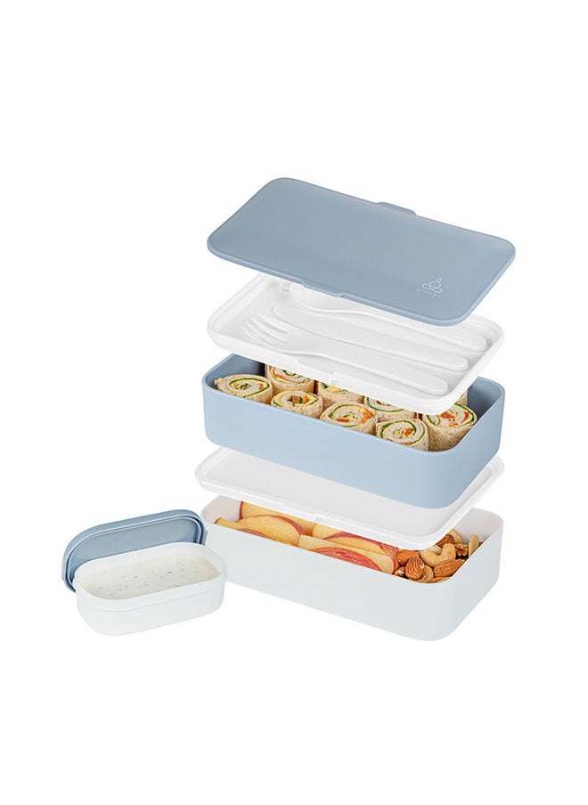 Restaurantware-Bento Tek 40.5 Ounces Stackable Lunch Box, 1 Reusable Adult Lunch Container - With Utensils, Included Sauce Cup, Blue & White Plastic Layered Lunch Box, Microwavable, Dishwashable