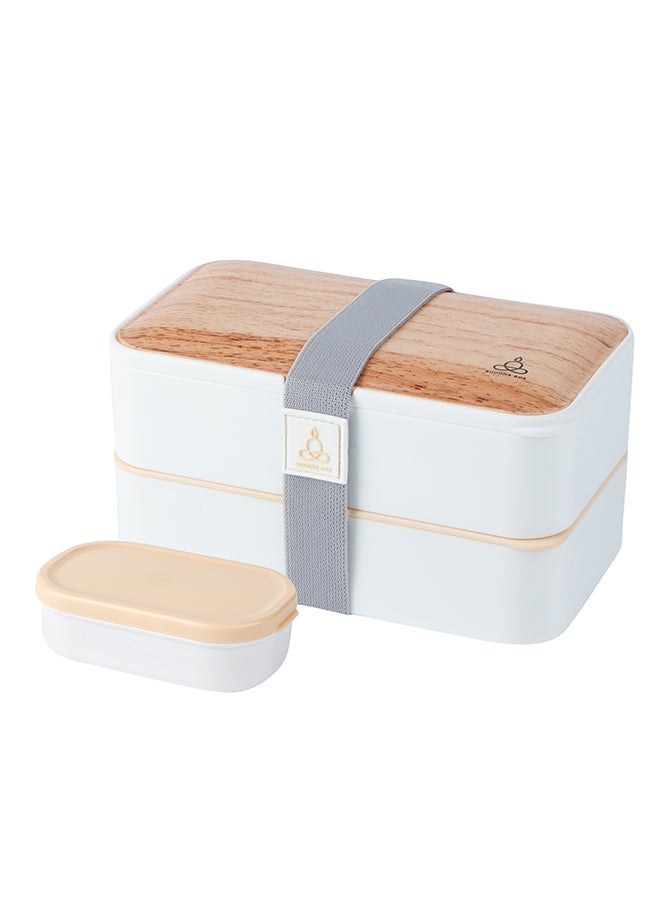 Restaurantware-Bento Tek 40.5 Ounces Stackable Lunch Box, 1 Reusable Adult Lunch Container - With Utensils, Included Sauce Cup, Wood Grain & White Plastic Layered Lunch Box, Microwavable, Dishwashable