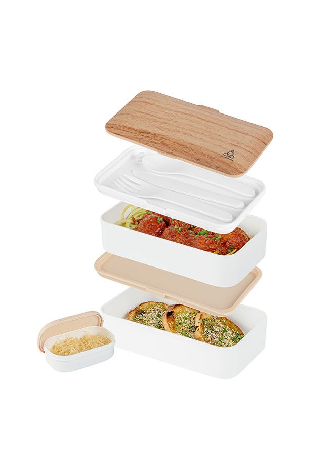 Restaurantware-Bento Tek 40.5 Ounces Stackable Lunch Box, 1 Reusable Adult Lunch Container - With Utensils, Included Sauce Cup, Wood Grain & White Plastic Layered Lunch Box, Microwavable, Dishwashable