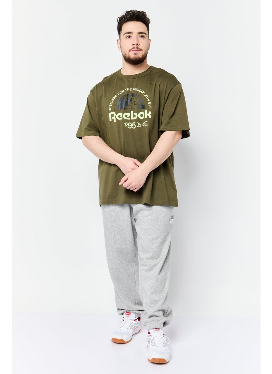 Men Sportswear Fit Brand Logo Short Sleeves Outdoor T-Shirt, Army Green