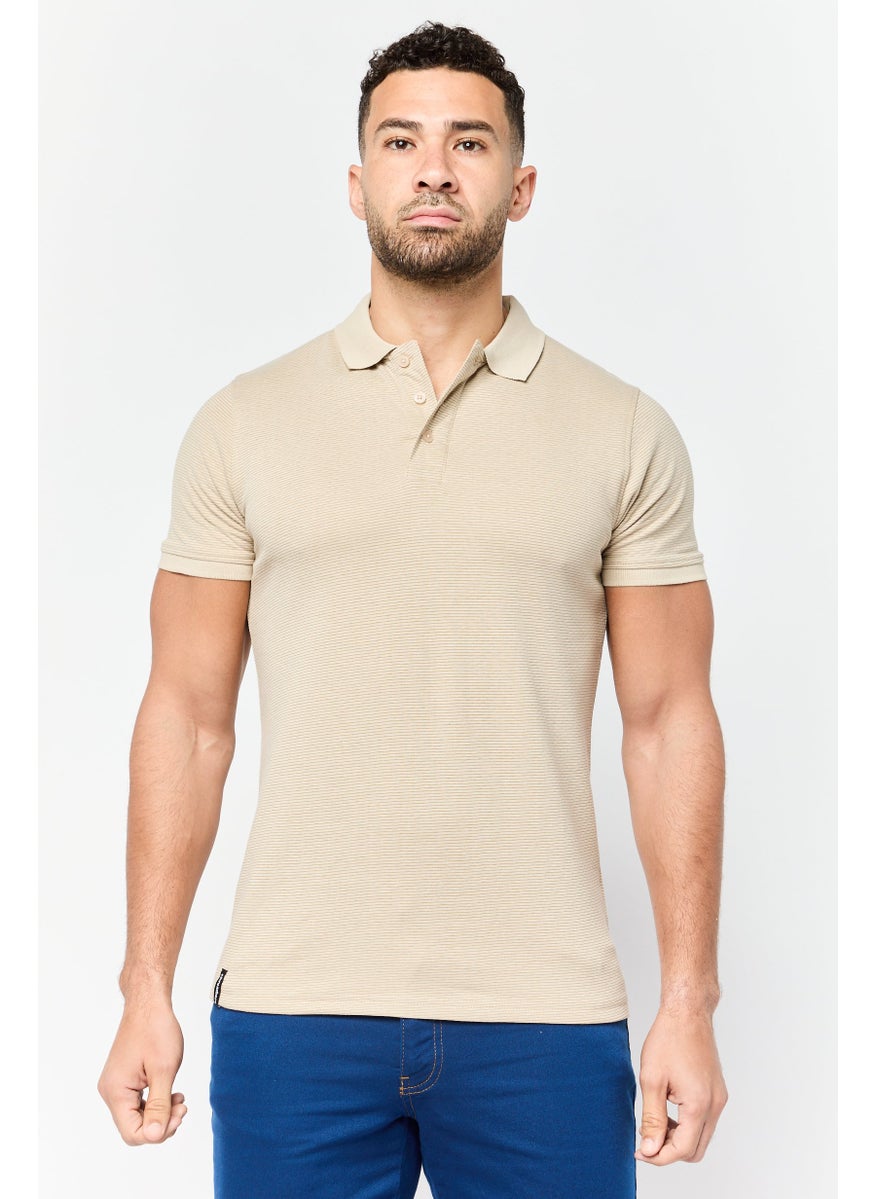Men Regular Fit Stripe Short Sleeve Polo Shirt, Taupe