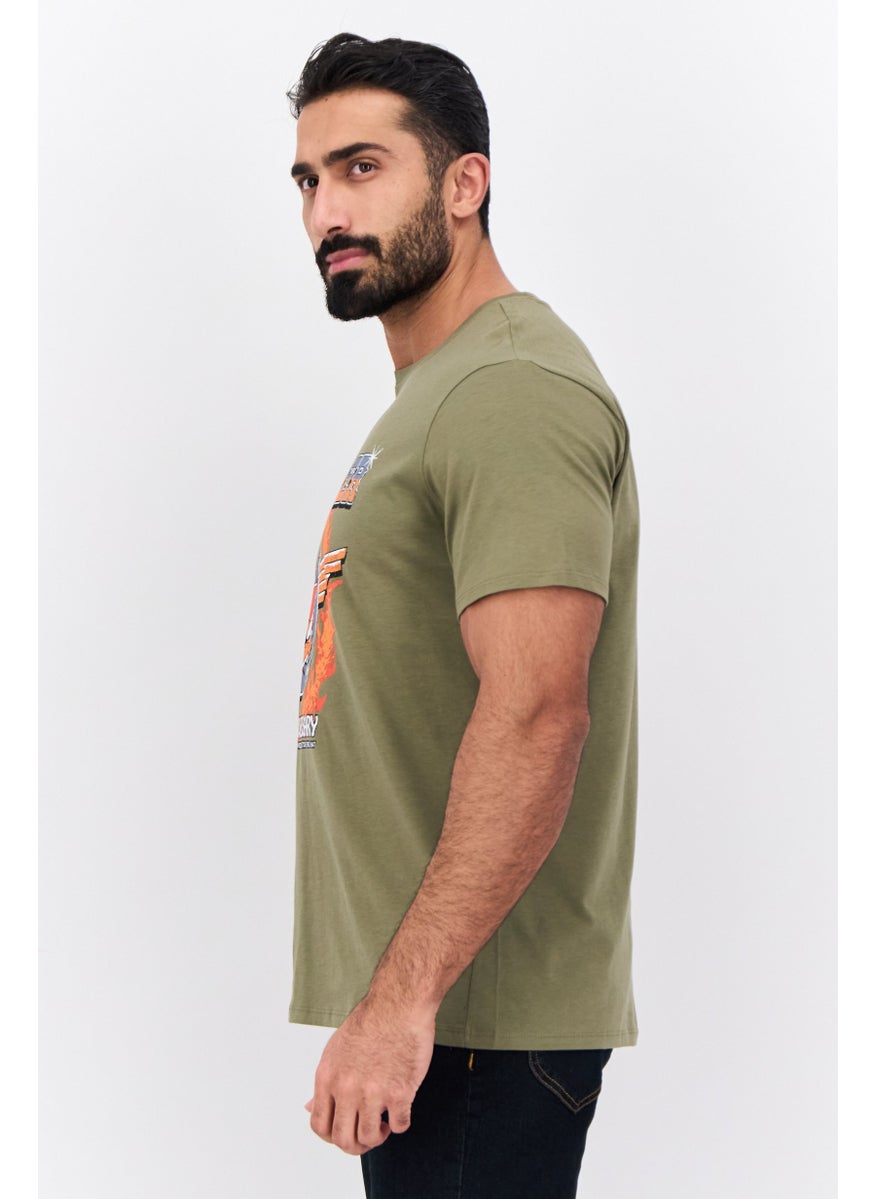 Men Crew Neck Short Sleeves Graphic Print T-Shirt, Olive